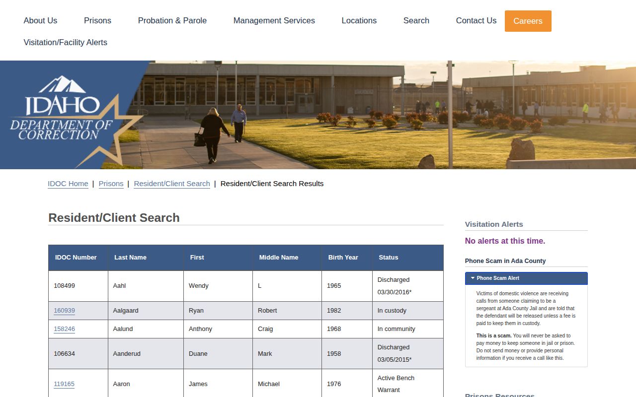 Idaho Department of Correction resident and client search results