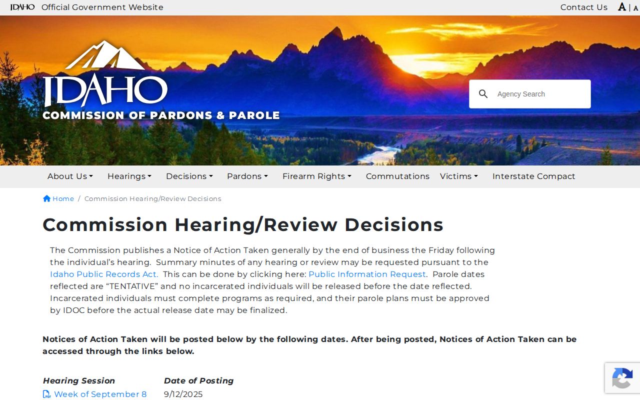 Lincoln County parole decision records from the Idaho Commission